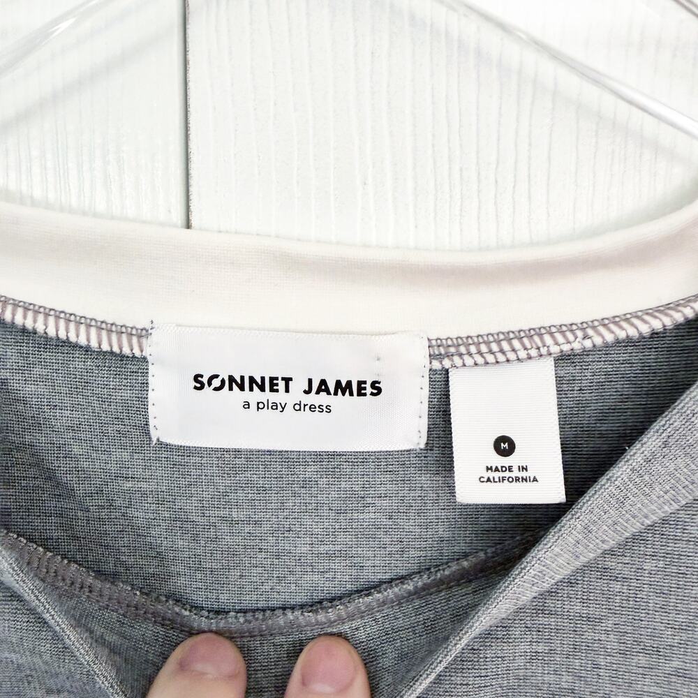 Sonnet James Quincy Dress Sheath Ponte Gray White Sleeve Minimalist Work Casual - Picture 3 of 6